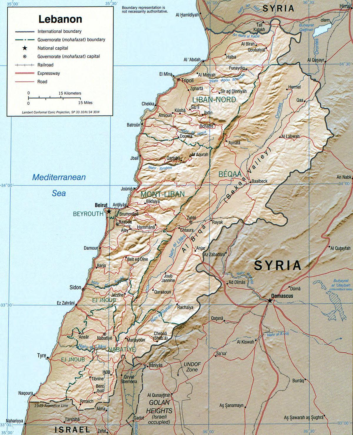 mapa ng Lebanon heograpiya