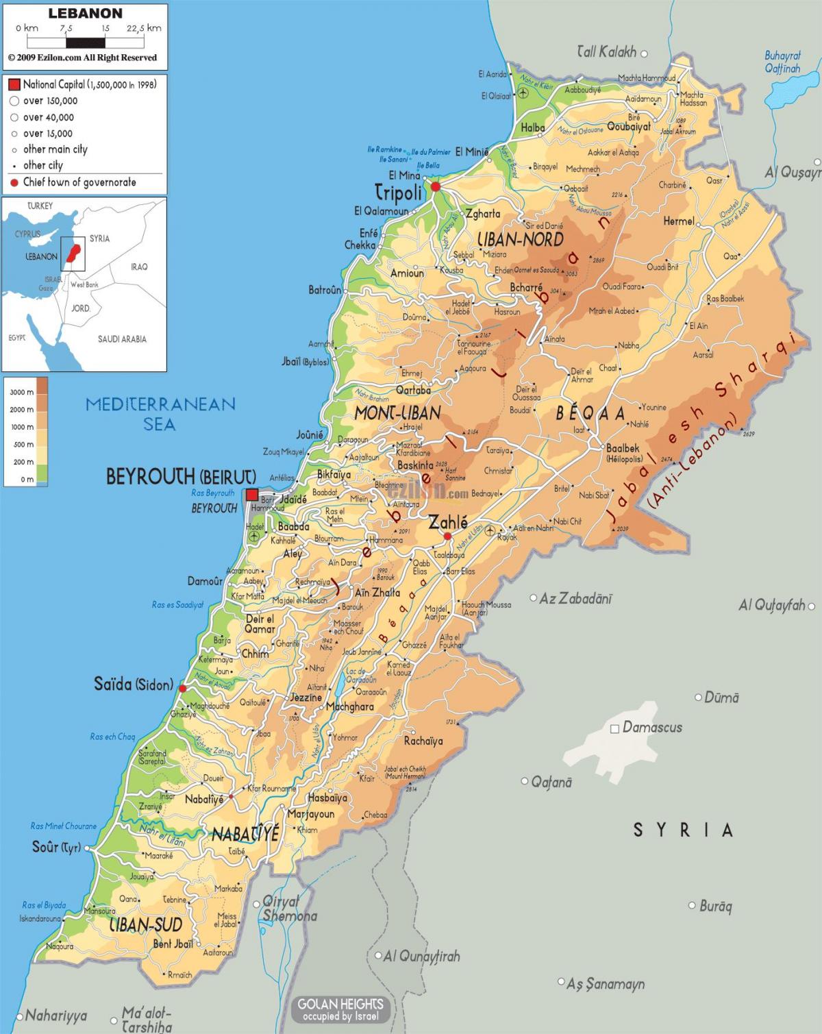 mapa ng Lebanon pisikal na